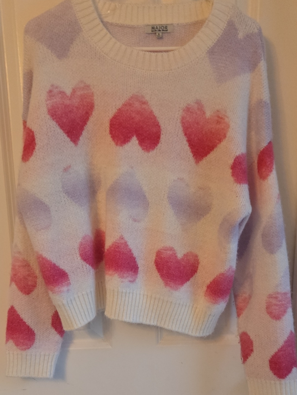 Madison White Crewneck Sweater with Pink & Lavender Heart Motif